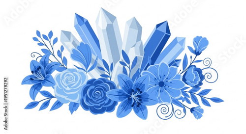 Blue crystals and flowers arrangement with leaves and blooms on white background decorative floral design