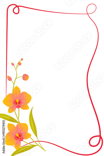 Decorative vertical frame with orange orchid flowers, green leaves and elegant red curly border on white background.