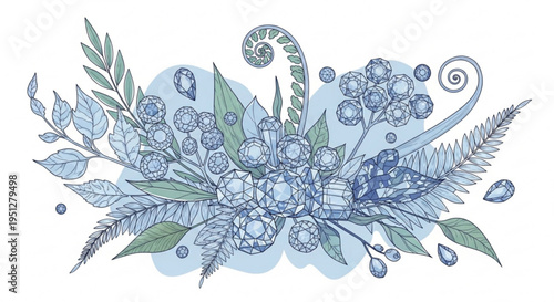 Detailed blue and green floral arrangement with leaves and berries on white background for design