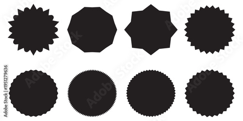 Black starburst stamp seal and labels vector set. Jagged sunburst badges, circle stickers, and rosette shape collection for design elements.