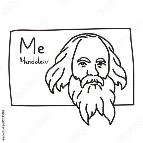 Vector hand drawn portrait of famous chemistry scientist Dmitri Mendeleev in periodic table of elements. Black line illustration of the head of Russian genius chemist with humor
