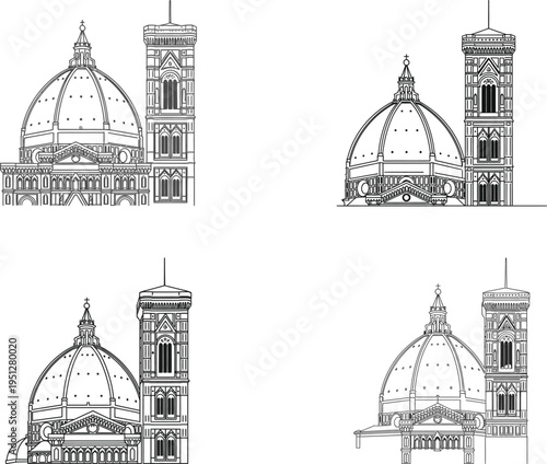 Florence cathedral dome and giotto's campanile, sketch, architectural landmarks, vector art
