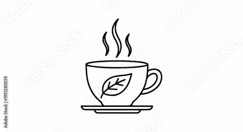 Steaming hot tea cup with leaf design on a saucer simple black line art illustration for coffee or herbal drink concept