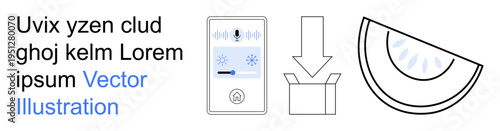Technology, data transfer, digital tools, packaging, user interface, food and drink concept. A digital interface, a download icon and a watermelon slice. Technology and data transfer