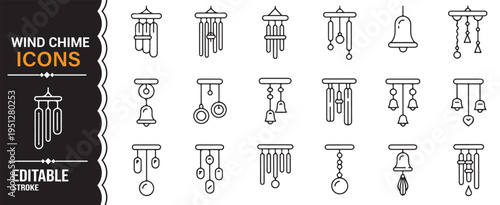 Decorative wind chime line icon pack with hanging windbell designs simple outline vector collection