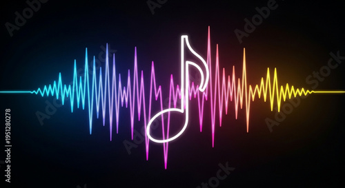 Vibrant sound wave with multicolor gradient and musical note on dark background symbolizing music technology and audio visualization