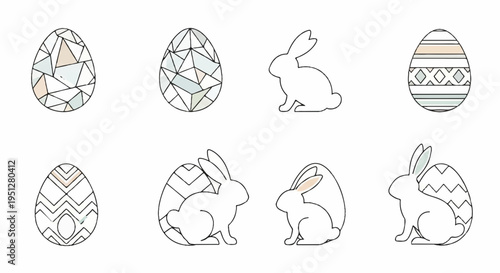 Easter eggs and bunnies coloring pages black and white illustrations festive holiday decorations easter bunny icons egg patterns