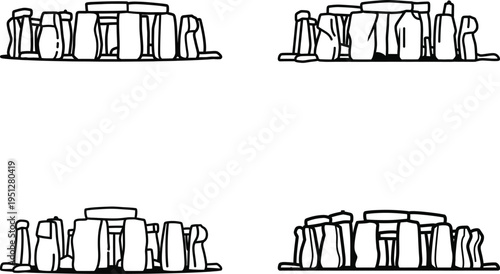 Stonehenge sketches, prehistoric monument, ancient standing stones, vector art, historical site