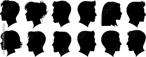  Silhouette heads.Set of profile face of different people. Man and woman heads in profile symbol.Set man and woman head icon silhouette.Anonymous faces portraits, black outline photo vector design