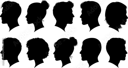  Silhouette heads.Set of profile face of different people. Man and woman heads in profile symbol.Set man and woman head icon silhouette.Anonymous faces portraits, black outline photo vector design