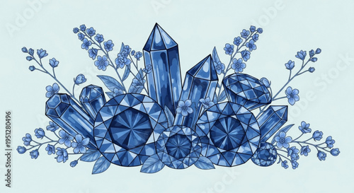 Blue crystals and flowers arrangement on light background gemstone bouquet minerals cluster decorative floral design
