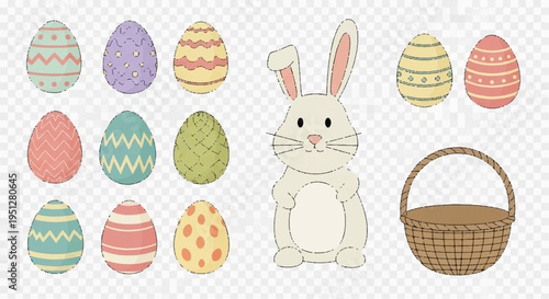 Easter bunny with colorful decorated eggs and wicker basket on white background festive spring illustration