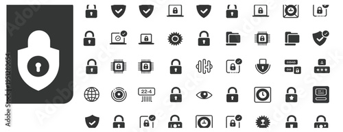 Extensive solid glyph icons for cybersecurity, data protection, and digital privacy solutions