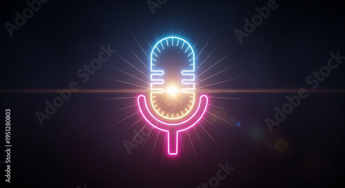 Vibrant neon microphone glowing bright pink and blue with radiant light beams on dark background symbolizing music podcasting and broadcasting