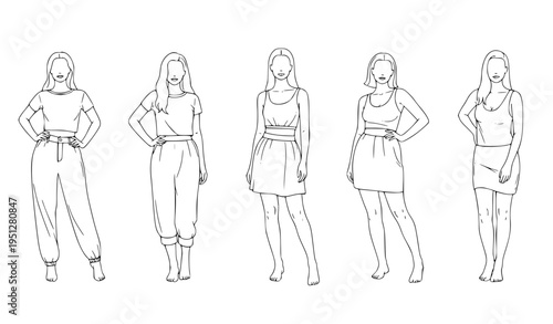 Diverse female body shapes standing poses outline vector illustration set