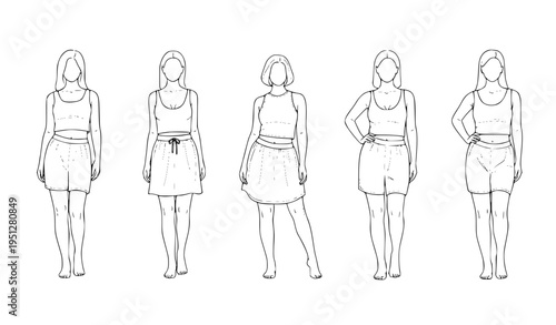 Diverse female body shapes standing poses outline vector illustration set