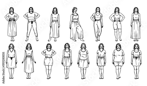 Body positive female silhouettes set full length women diverse figures vector