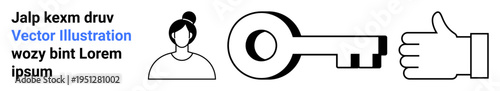 Business tools, digital marketing, decision-making, communication, security, success. a person, a key and a thumbs-up symbol. Communication and success concepts
