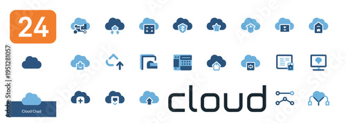 Comprehensive cloud computing icon set for data storage, network security, and digital information management