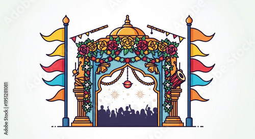 Vibrant indian style entrance gate with colorful flowers flags and lanterns for festival or celebration