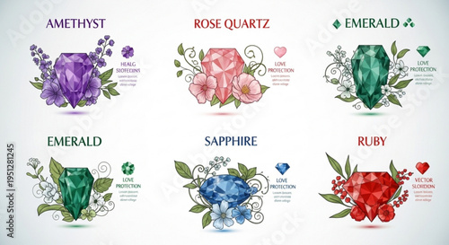Precious gemstones with floral illustrations amethyst rose quartz emerald sapphire ruby gemology jewelry colorful botanical luxury precious stones