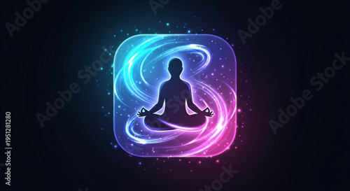 Meditating person silhouette in a colorful glowing square frame with swirling blue and pink lights on a dark background representing relaxation and mindfulness