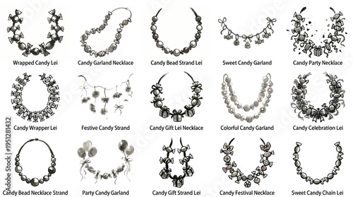 Collection of various candy-themed necklaces and garlands, presented as black and white line art illustrations.