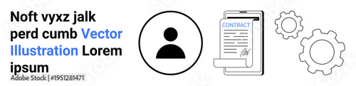 Workflow management, business agreements, user profiles, operations, organization, productivity. Person icon, contract document gear symbols. Workflow management and business agreements concept