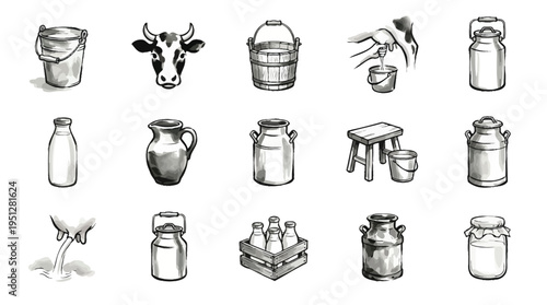 A collection of hand-drawn illustrations depicting various dairy farming and milk production elements, including cows, buckets, milk cans, bottles, and a milking scene.