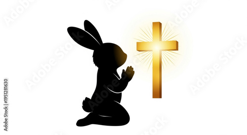 Spiritual Rabbit Kneeling Before Glowing Golden Cross