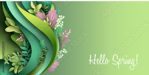 Hello spring paper cut banner. Stylized green wave with flowers and leaves. Hand drawn Vector illustration.