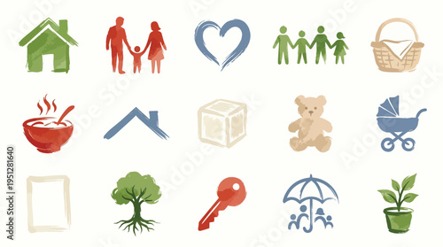 A collection of watercolor-style icons representing family, home, and life's essentials, including a house, family silhouettes, a heart, a teddy bear, and a baby stroller.