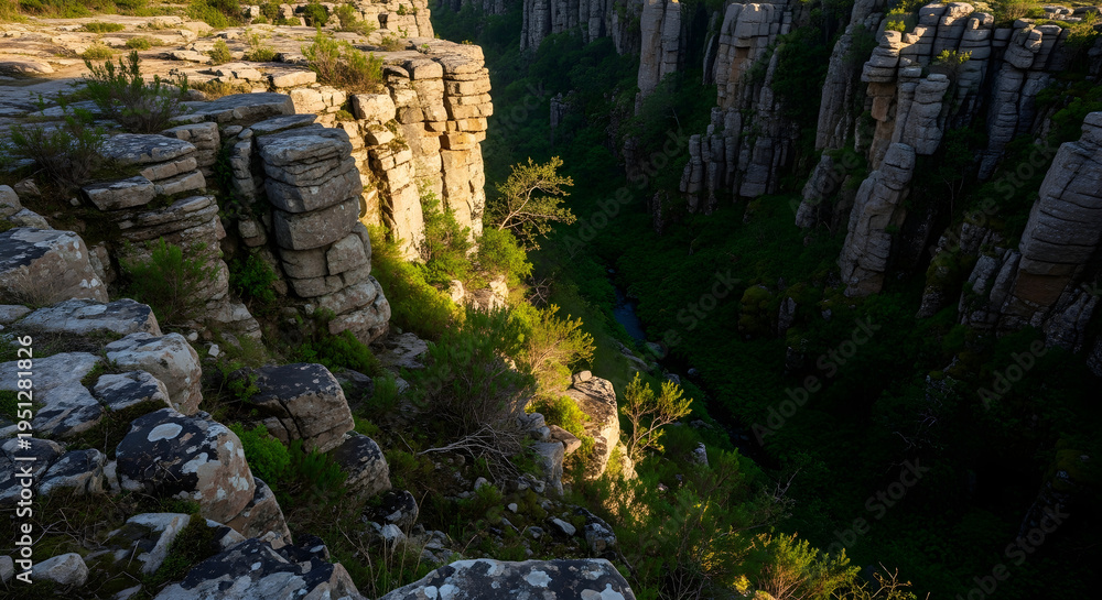 Fototapeta premium Dramatic canyon landscape with steep rock formations and lush green vegetation bathed in golden sunlight