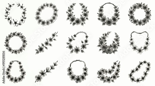 A collection of delicate floral illustrations, featuring wreaths, garlands, and floral sprays in a monochromatic style.