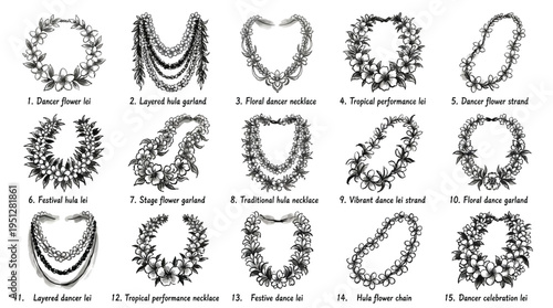 Collection of 15 Hand-Drawn Illustrations of Various Hawaiian Leis and Garlands, Each Labeled with a Number and Description.
