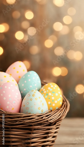 Charming Pastel Polka Dot Easter Eggs in Wicker Basket with Bokeh Lights for Spring Celebration