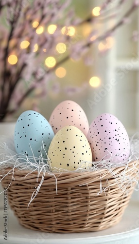 Beautiful Easter Decoration Featuring Colorful Pastel Eggs Arranged in a Charming Wicker Basket