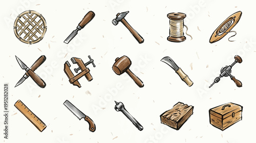 A collection of vintage woodworking and crafting tools, including chisels, hammers, clamps, and a sewing shuttle, rendered in a rustic, hand-drawn style.