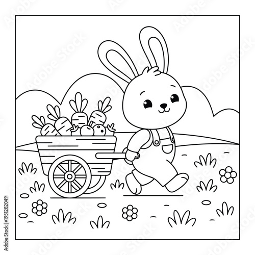 Easter bunny pulling cart full of carrots in spring garden coloring page vector art