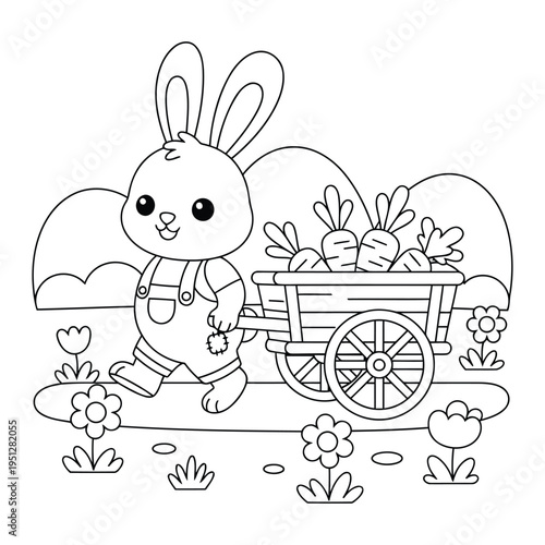 Easter bunny pulling carrot cart through spring garden cute coloring page vector art