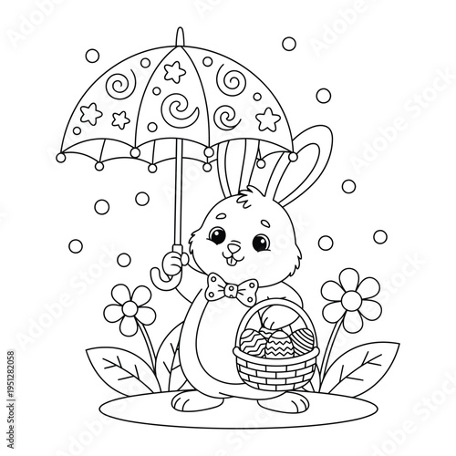Easter bunny holding umbrella with egg basket in spring flowers coloring page vector