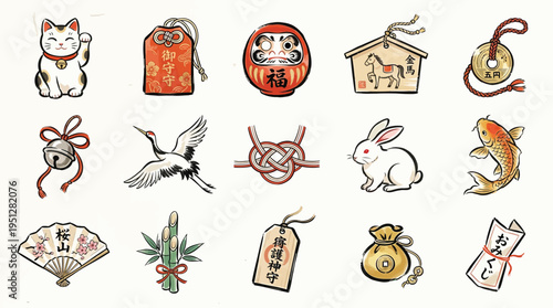 Collection of traditional Japanese good luck charms and symbols, including Maneki-neko, Daruma doll, and Ema horse plaque.