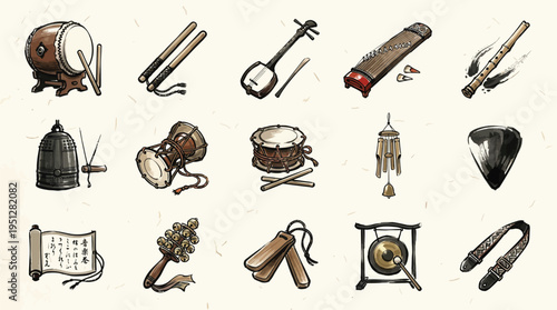 A collection of traditional East Asian musical instruments, including drums, stringed instruments, wind instruments, and percussion, depicted in a detailed illustration.