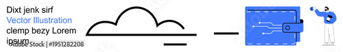 Cloud computing, digital wallets, fintech, financial technology, connectivity, innovation. Minimalist cloud icon and wallet graphic with circuitry design. Cloud computing and fintech connection