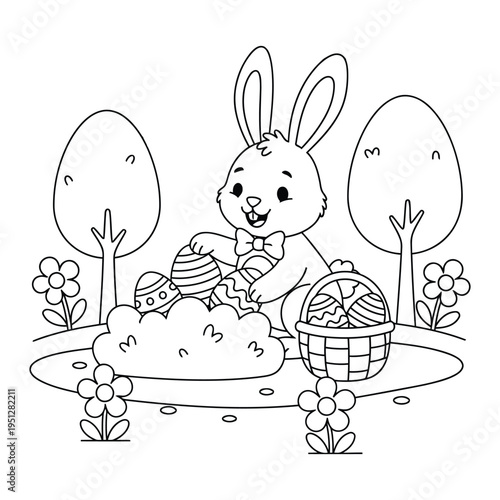 Easter coloring page shows a happy rabbit hiding decorated eggs in the garden bushes