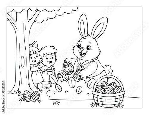 Easter coloring page shows a happy rabbit hiding decorated eggs for two children in a park