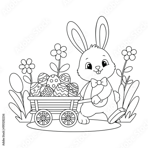 Easter coloring page shows a happy rabbit pulling a wooden cart of eggs through a garden