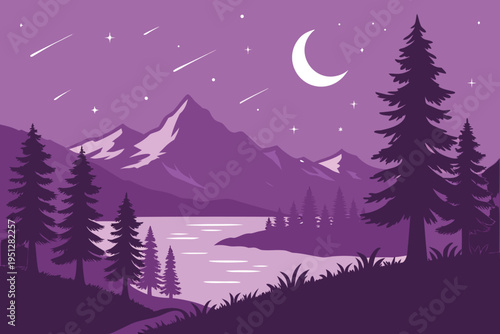 Night Mountain Landscape with Crescent Moon Stars and Lake Purple Monochromatic Stock Illustration