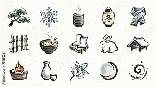 A collection of Japanese winter-themed illustrations, featuring traditional elements like snow, tea, and cultural symbols.