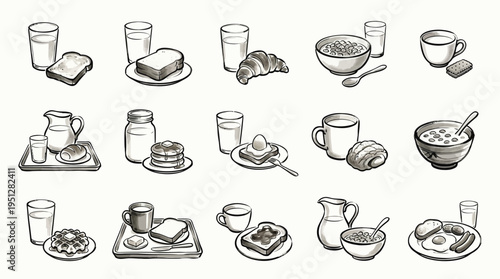 A collection of hand-drawn illustrations depicting various breakfast meals and drinks, including toast, eggs, cereal, croissants, and beverages.